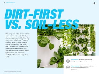 Copyright © 2017 sparks & honey. All rights reserved.
72
DIRT-FIRST
VS. SOIL-LESSThe “organic” label is coveted for
every carrot and head of lettuce
at grocery stores. But behind the
scenes, the labeling of “organic”
produce is set to be a growing
area of contention. The “dirt-
first” farmers who contend that
organic must be grown in soil,
and the “soil-less” farmers whose
hydroponics and aeroponic
methods, they claim, are just as
valid.
Sustainability: Struggling with resource
shortages, seeking alternatives. 
Taboo Toppling: Greater societal acceptance
of previously vilified behaviors or
preferences.
2018 Trends Brief / Tech
 