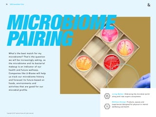 Copyright © 2017 sparks & honey. All rights reserved.
74
MICROBIOME
PAIRINGWhat’s the best match for my
microbiome? That’s the question
we will be increasingly asking, as
the microbiome and its bacterial
makeup is an indicator of our
health and future wellness.
Companies like U-Biome will help
us track our microbiome history
and forecast its future based on
foods, environments and
activities that are good for our
microbial profile.
Living Matter: Embracing the microbial world
along with new organic ecosystems.
Wellness Design: Products, spaces and
experiences designed for physical or mental
wellbeing and health.
2018 Trends Brief / Tech
 