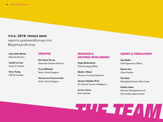 Copyright © 2017 sparks & honey. All rights reserved.
83
TITLE: 2018 TRENDS BRIEF
reports.sparksandhoney.com 
@sparksandhoney
Anna Soﬁa Martin 
Editorial Director
Camilo La Cruz 
Head of Content
Terry Young 
CEO & Founder
CREATIVE
Eric Kwan Tai Lau 
Associate Creative Director
Purva Michaels 
Senior Visual Designer
Mohammed Nadeemuddin 
Senior Visual Designer
RESEARCH &  
CULTURAL INTELLIGENCE
Clyde McKendrick 
Chief Strategy Officer
Merlin U Ward 
Director of Cultural Systems
German Dziebel, Ph.D. 
VP, Head of Human Intelligence
Kendra Clarke 
Data Scientist
AGENCY & CONSULTANCY
Paul Butler 
Chief Operation Officer
Sharon Foo  
Client Partner
Tim Ettus  
Managing Director, West Coast
Kristin Cohen  
Business Development and
Partnership Opportunities
THE TEAM
2018 Trends Brief / The Team
 