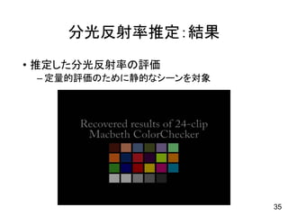 分光反射率推定：結果
• 推定した分光反射率の評価
– 定量的評価のために静的なシーンを対象
35
 