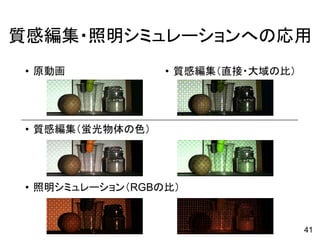 質感編集・照明シミュレーションへの応用
• 原動画
• 質感編集（蛍光物体の色）
• 照明シミュレーション（RGBの比）
• 質感編集（直接・大域の比）
41
 