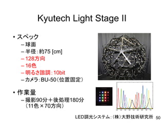 Kyutech Light Stage II
• スペック
– 球面
– 半径：約75 [cm]
– 128方向
– 16色
– 明るさ諧調：10bit
– カメラ：BU-50（位置固定）
• 作業量
– 撮影90分＋後処理180分
（11色×70方向）
LED調光システム：（株）大野技術研究所 50
 