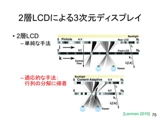2層LCDによる3次元ディスプレイ
• 2層LCD
– 単純な手法
– 適応的な手法：
行列の分解に帰着
75[Lanman 2010]
 