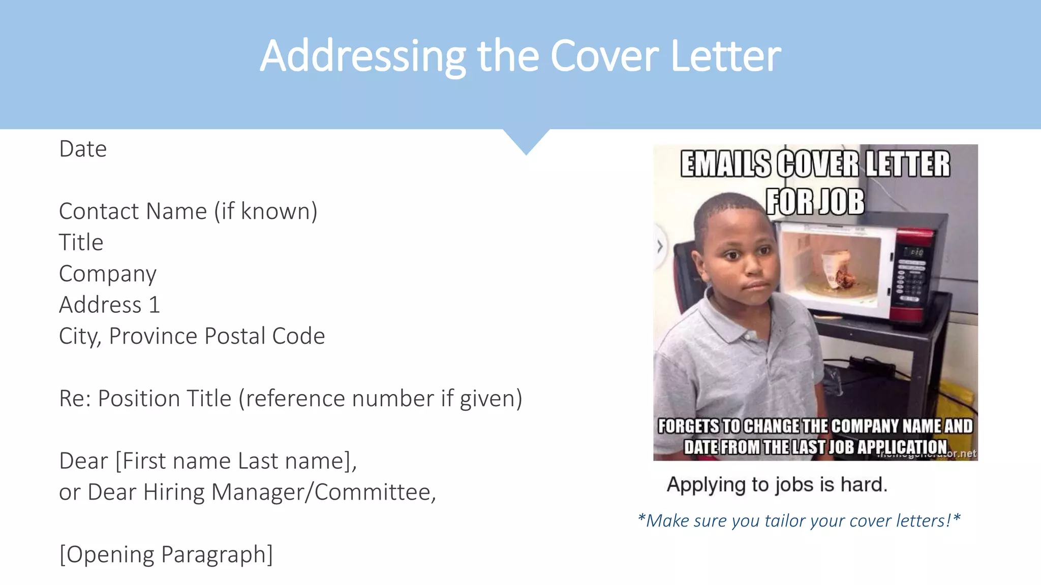 Addressing the Cover Letter
Date
Contact Name (if known)
Title
Company
Address 1
City, Province Postal Code
Re: Position Title (reference number if given)
Dear [First name Last name],
or Dear Hiring Manager/Committee,
[Opening Paragraph]
*Make sure you tailor your cover letters!*
 
