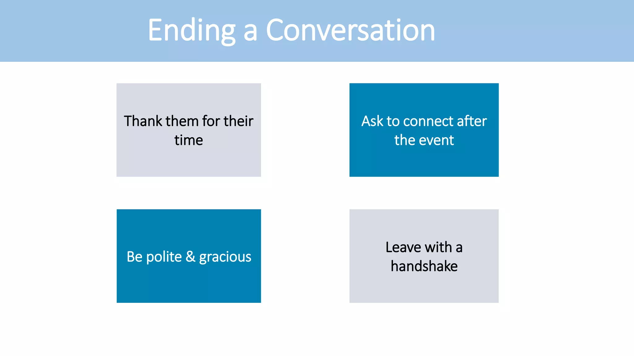 Ending a Conversation
Thank them for their
time
Ask to connect after
the event
Be polite & gracious
Leave with a
handshake
 