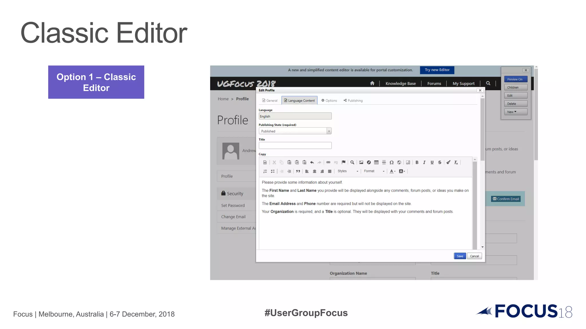 Option 1 – Classic
Editor
 