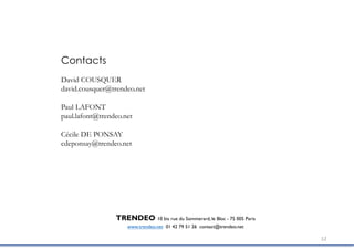 12
TRENDEO 10 bis rue du Sommerard, le Bloc - 75 005 Paris
www.trendeo.net 01 42 79 51 26 contact@trendeo.net
Contacts
David COUSQUER
david.cousquer@trendeo.net
Paul LAFONT
paul.lafont@trendeo.net
Cécile DE PONSAY
cdeponsay@trendeo.net
 