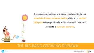 THE BIG-BANG GROWING DILEMMA
Immaginate un’azienda che passa rapidamente da una
manciata di team a diverse decine, dislocati in nazioni
differenti e impegnati nella realizzazione del sistema di
supporto al business primario.
 