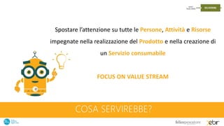 COSA SERVIREBBE?
Spostare l’attenzione su tutte le Persone, Attività e Risorse
impegnate nella realizzazione del Prodotto e nella creazione di
un Servizio consumabile
FOCUS ON VALUE STREAM
 