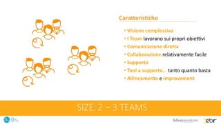 SIZE: 2 – 3 TEAMS
Caratteristiche
• Visione complessiva
• I Team lavorano sui propri obiettivi
• Comunicazione diretta
• Collaborazione relativamente facile
• Supporto
• Tool a supporto… tanto quanto basta
• Allineamento e improvement
 