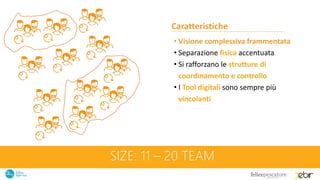 SIZE: 11 – 20 TEAM
Caratteristiche
• Visione complessiva frammentata
• Separazione fisica accentuata
• Si rafforzano le strutture di
coordinamento e controllo
• I Tool digitali sono sempre più
vincolanti
 