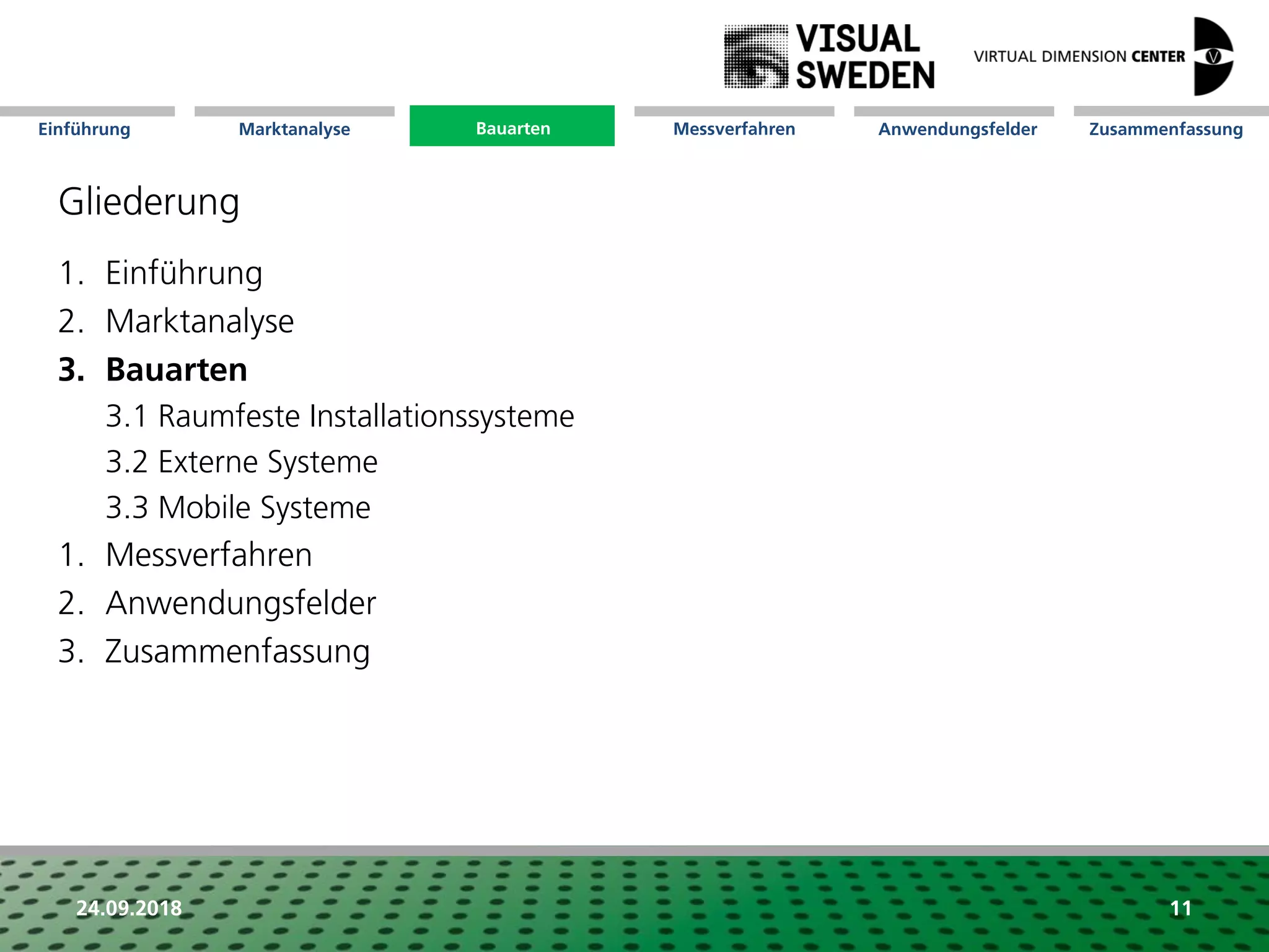 Marktanalyse Mission Messverfahren AnwendungsfelderBauarten ZusammenfassungEinführung
24.09.2018 11
Gliederung
1. Einführung
2. Marktanalyse
3. Bauarten
3.1 Raumfeste Installationssysteme
3.2 Externe Systeme
3.3 Mobile Systeme
1. Messverfahren
2. Anwendungsfelder
3. Zusammenfassung
Bauarten
 