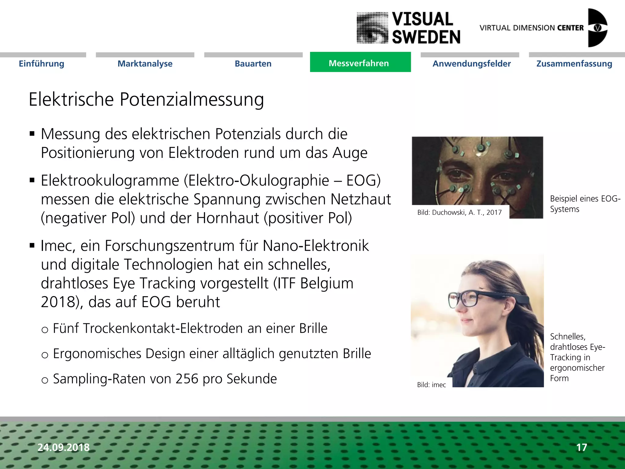 Marktanalyse Mission Messverfahren AnwendungsfelderBauarten ZusammenfassungEinführung
24.09.2018 17
Elektrische Potenzialmessung
 Messung des elektrischen Potenzials durch die
Positionierung von Elektroden rund um das Auge
 Elektrookulogramme (Elektro-Okulographie – EOG)
messen die elektrische Spannung zwischen Netzhaut
(negativer Pol) und der Hornhaut (positiver Pol)
 Imec, ein Forschungszentrum für Nano-Elektronik
und digitale Technologien hat ein schnelles,
drahtloses Eye Tracking vorgestellt (ITF Belgium
2018), das auf EOG beruht
o Fünf Trockenkontakt-Elektroden an einer Brille
o Ergonomisches Design einer alltäglich genutzten Brille
o Sampling-Raten von 256 pro Sekunde
Beispiel eines EOG-
Systems
Bild: imec
Schnelles,
drahtloses Eye-
Tracking in
ergonomischer
Form
Messverfahren
Bild: Duchowski, A. T., 2017
 