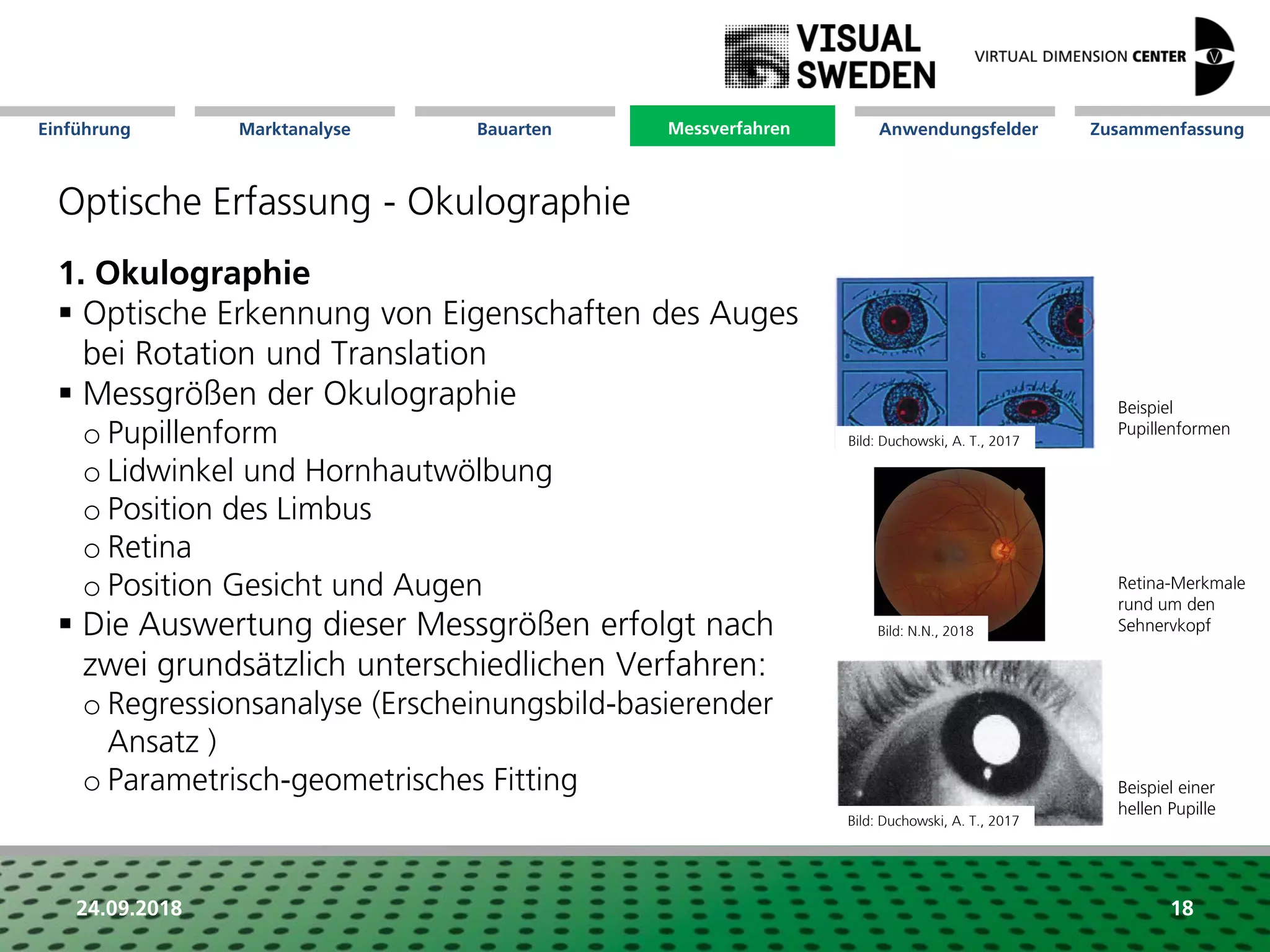 Marktanalyse Mission Messverfahren AnwendungsfelderBauarten ZusammenfassungEinführung
24.09.2018 18
Optische Erfassung - Okulographie
1. Okulographie
 Optische Erkennung von Eigenschaften des Auges
bei Rotation und Translation
 Messgrößen der Okulographie
o Pupillenform
o Lidwinkel und Hornhautwölbung
o Position des Limbus
o Retina
o Position Gesicht und Augen
 Die Auswertung dieser Messgrößen erfolgt nach
zwei grundsätzlich unterschiedlichen Verfahren:
o Regressionsanalyse (Erscheinungsbild-basierender
Ansatz )
o Parametrisch-geometrisches Fitting
Retina-Merkmale
rund um den
Sehnervkopf
Beispiel
Pupillenformen
Beispiel einer
hellen Pupille
Messverfahren
Bild: Duchowski, A. T., 2017
Bild: N.N., 2018
Bild: Duchowski, A. T., 2017
 