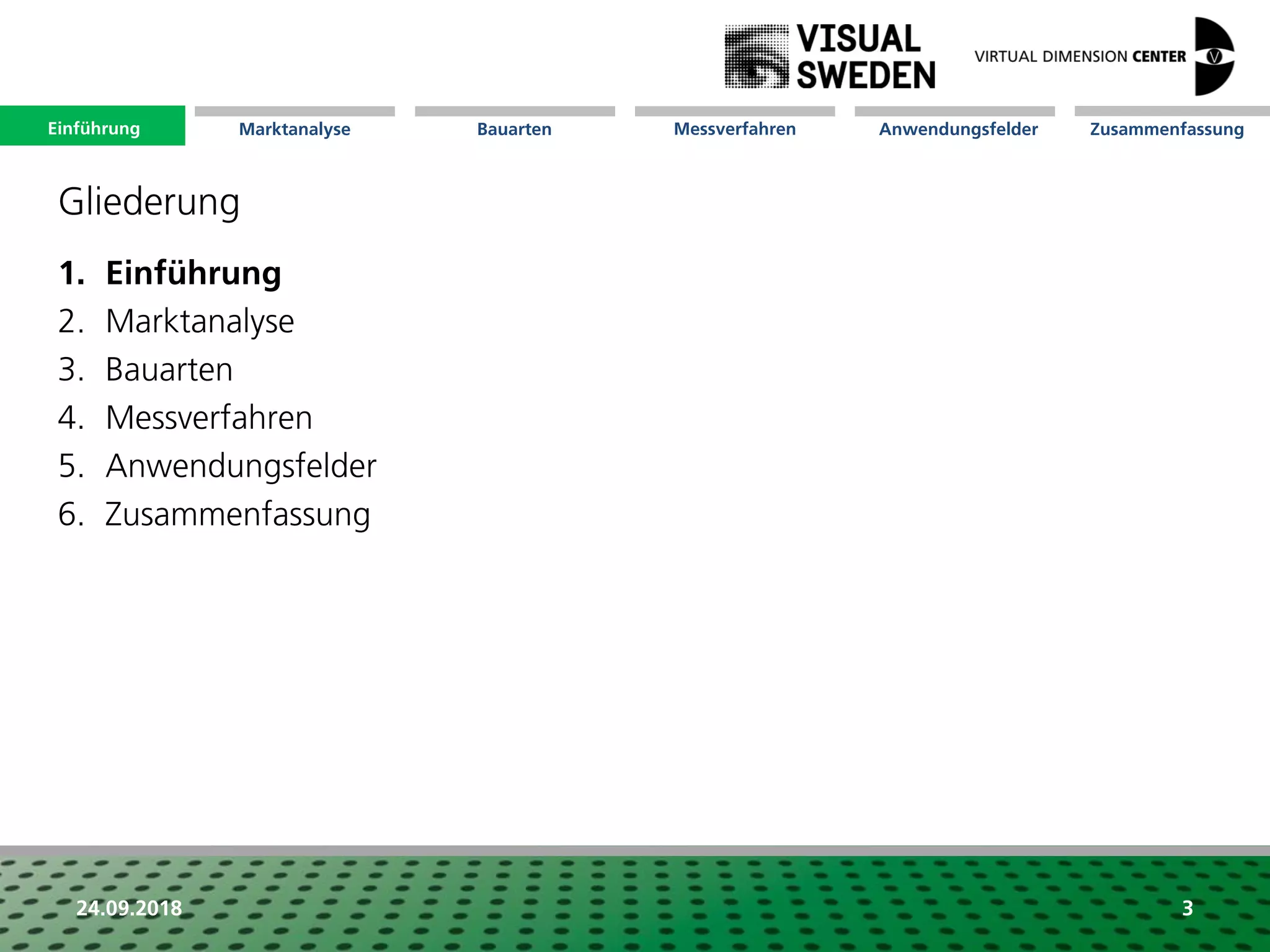 Marktanalyse Mission Messverfahren AnwendungsfelderBauarten ZusammenfassungEinführung
24.09.2018 3
Gliederung
1. Einführung
2. Marktanalyse
3. Bauarten
4. Messverfahren
5. Anwendungsfelder
6. Zusammenfassung
Einführung
 