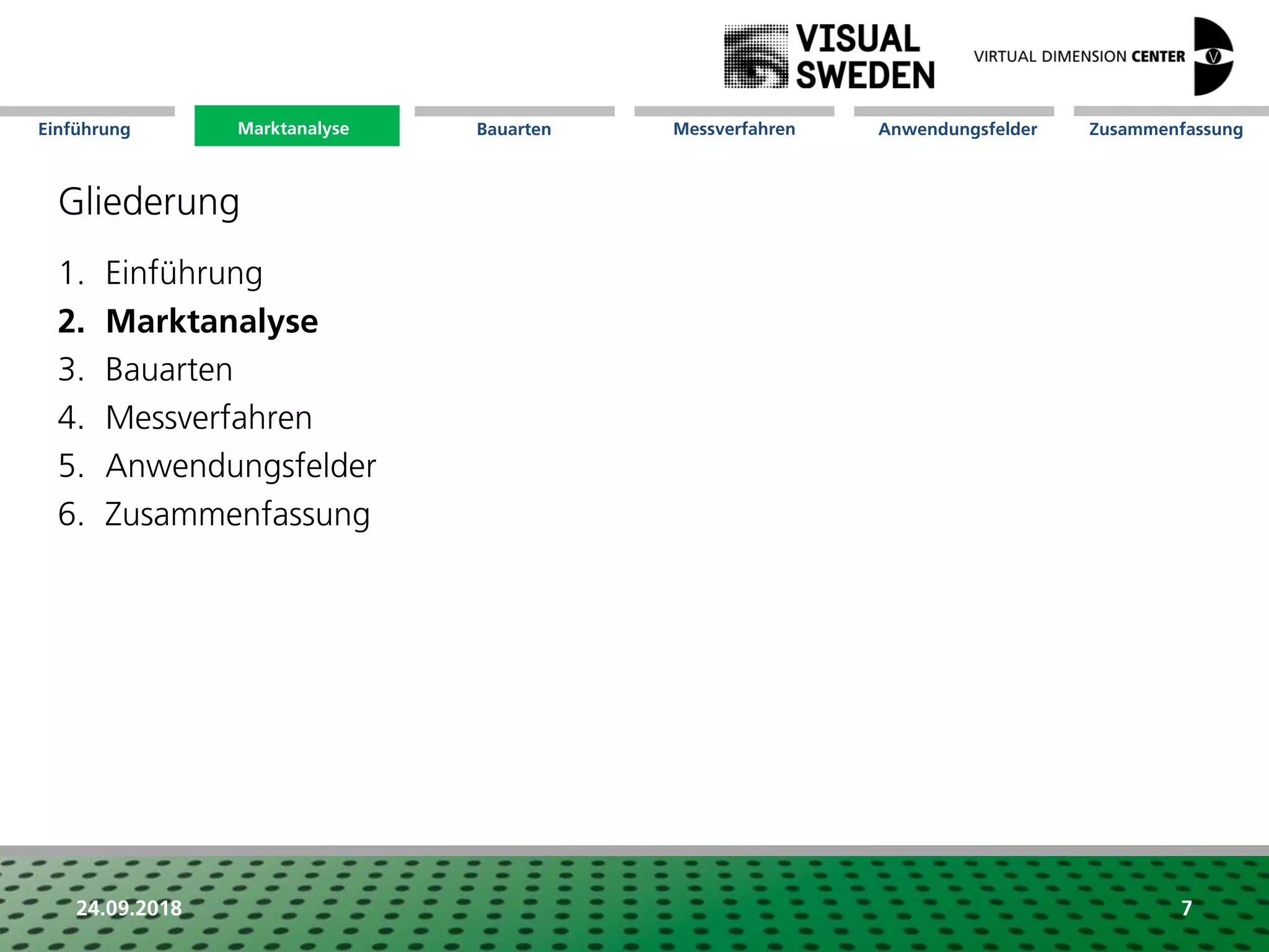 Marktanalyse Mission Messverfahren AnwendungsfelderBauarten ZusammenfassungEinführung
24.09.2018 7
Gliederung
1. Einführung
2. Marktanalyse
3. Bauarten
4. Messverfahren
5. Anwendungsfelder
6. Zusammenfassung
Marktanalyse
 