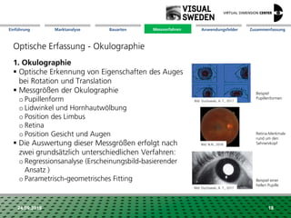 Marktanalyse Mission Messverfahren AnwendungsfelderBauarten ZusammenfassungEinführung
24.09.2018 18
Optische Erfassung - Okulographie
1. Okulographie
 Optische Erkennung von Eigenschaften des Auges
bei Rotation und Translation
 Messgrößen der Okulographie
o Pupillenform
o Lidwinkel und Hornhautwölbung
o Position des Limbus
o Retina
o Position Gesicht und Augen
 Die Auswertung dieser Messgrößen erfolgt nach
zwei grundsätzlich unterschiedlichen Verfahren:
o Regressionsanalyse (Erscheinungsbild-basierender
Ansatz )
o Parametrisch-geometrisches Fitting
Retina-Merkmale
rund um den
Sehnervkopf
Beispiel
Pupillenformen
Beispiel einer
hellen Pupille
Messverfahren
Bild: Duchowski, A. T., 2017
Bild: N.N., 2018
Bild: Duchowski, A. T., 2017
 