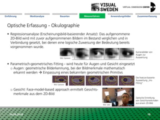 Marktanalyse Mission Messverfahren AnwendungsfelderBauarten ZusammenfassungEinführung
24.09.2018
Optische Erfassung - Okulographie
 Regressionsanalyse (Erscheinungsbild-basierender Ansatz): Das aufgenommene
2D-Bild wird mit zuvor aufgenommenen Bildern im Bestand verglichen und in
Verbindung gesetzt, bei denen eine logische Zuweisung der Bedeutung bereits
vorgenommen wurde.
 Parametrisch-geometrisches Fitting - wird heute für Augen und Gesicht eingesetzt
o Augen: geometrische Bilderkennung, bei der Bildmerkmale mathematisch
erkannt werden  Einpassung eines bekannten geometrischen Primitivs
o Gesicht: Face-model-based approach ermittelt Gesichts-
merkmale aus dem 2D-Bild
Kamerabilder von
Augen zur
Auswertung
Die Feature-basierte
Auswertung „Iris-
Fitting“
Optische Ermittlung
von Gesichtsmerkmalen
aus einem 2D-Bild
Messverfahren
19
Bild: Eyeware
Bild: Eyeware
Bild: tobii
 