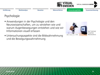 Marktanalyse Mission Messverfahren AnwendungsfelderBauarten ZusammenfassungEinführung
24.09.2018 31
Psychologie
 Anwendungen in der Psychologie und den
Neurowissenschaften, um zu verstehen wie und
warum Augenbewegungen entstehen und wie wir
Informationen visuell erfassen
 Untersuchungsaspekte sind die Bildwahrnehmung
und die Bewegungswahrnehmung
Anwendungsfelder
Eye Tracking/
Cognitive
NeuroscienceBild: Crane, H.D., 1978
 