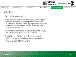 Marktanalyse Mission Messverfahren AnwendungsfelderBauarten ZusammenfassungEinführung
24.09.2018 35
Sicherheit
 Fahrassistenzsysteme
o Durch das Verwenden von Eye-Tracking-Technologien
können anhand des Öffnungsgrads des Auges, der
Kopfhaltung inklusive der Bewegungen und der Rate der
Blinzler die Verfassung des Fahrers überwacht und
unterstützt werden.
o Verhindert werden sollen Kurzschlafphasen am Steuer,
Unaufmerksamkeiten und Kontrollverluste
 Smart Home, Geräte- und Datensicherheit,
öffentliche Veranstaltungen  Erfassen von
Personen, Verhaltensmustern
Anwendungsfelder
 