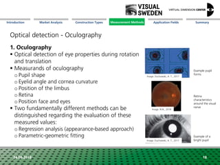 Market Analysis Mission Measurement Methods Application FieldsConstruction Types SummaryIntroduction
24.09.2018 18
Optical detection - Oculography
1. Oculography
 Optical detection of eye properties during rotation
and translation
 Measurands of oculography
o Pupil shape
o Eyelid angle and cornea curvature
o Position of the limbus
o Retina
o Position face and eyes
 Two fundamentally different methods can be
distinguished regarding the evaluation of these
measured values:
o Regression analysis (appearance-based approach)
o Parametric-geometric fitting
Retina
characteristics
around the visual
nerve
Example pupil
forms
Example of a
bright pupil
Image: Duchowski, A. T., 2017
Image: N.N., 2018
Image: Duchowski, A. T., 2017
Measurement Methods
 