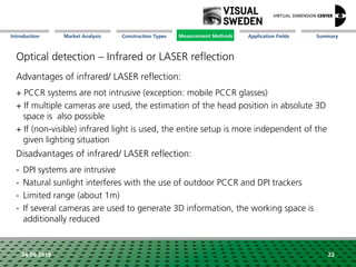 Market Analysis Mission Measurement Methods Application FieldsConstruction Types SummaryIntroduction
24.09.2018 22
Optical detection – Infrared or LASER reflection
Advantages of infrared/ LASER reflection:
+ PCCR systems are not intrusive (exception: mobile PCCR glasses)
+ If multiple cameras are used, the estimation of the head position in absolute 3D
space is also possible
+ If (non-visible) infrared light is used, the entire setup is more independent of the
given lighting situation
Disadvantages of infrared/ LASER reflection:
- DPI systems are intrusive
- Natural sunlight interferes with the use of outdoor PCCR and DPI trackers
- Limited range (about 1m)
- If several cameras are used to generate 3D information, the working space is
additionally reduced
Measurement Methods
 