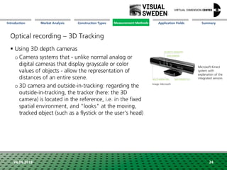 Market Analysis Mission Measurement Methods Application FieldsConstruction Types SummaryIntroduction
24.09.2018 24
Optical recording – 3D Tracking
 Using 3D depth cameras
o Camera systems that - unlike normal analog or
digital cameras that display grayscale or color
values of objects - allow the representation of
distances of an entire scene.
o 3D camera and outside-in-tracking: regarding the
outside-in-tracking, the tracker (here: the 3D
camera) is located in the reference, i.e. in the fixed
spatial environment, and "looks" at the moving,
tracked object (such as a flystick or the user's head)
Microsoft Kinect
system with
explanation of the
integrated sensors
Image: Microsoft
Measurement Methods
 