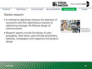 Market Analysis Mission Measurement Methods Application FieldsConstruction Types SummaryIntroduction
24.09.2018 29
Market research
 A method to objectively measure the attention of
consumers and their spontaneous reaction to
advertising messages  effective design of
communication
 Research aspects include the design of sales
packaging, retail stores, point-of-sale promotions,
websites, newspapers and magazines and product
design
Market research
with eye tracking:
supermarket testImage: Kuerzel, E., 2018
Application Fields
 
