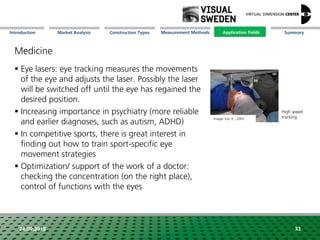 Market Analysis Mission Measurement Methods Application FieldsConstruction Types SummaryIntroduction
24.09.2018 33
Medicine
 Eye lasers: eye tracking measures the movements
of the eye and adjusts the laser. Possibly the laser
will be switched off until the eye has regained the
desired position.
 Increasing importance in psychiatry (more reliable
and earlier diagnoses, such as autism, ADHD)
 In competitive sports, there is great interest in
finding out how to train sport-specific eye
movement strategies
 Optimization/ support of the work of a doctor:
checking the concentration (on the right place),
control of functions with the eyes
High speed
trackingImage: Irie, K., 2002
Application Fields
 