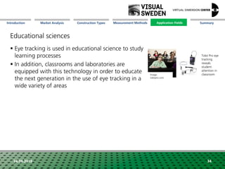 Market Analysis Mission Measurement Methods Application FieldsConstruction Types SummaryIntroduction
24.09.2018 34
Educational sciences
 Eye tracking is used in educational science to study
learning processes
 In addition, classrooms and laboratories are
equipped with this technology in order to educate
the next generation in the use of eye tracking in a
wide variety of areas
Tobii Pro eye
tracking
reveals
student
attention in
classroomImage:
tobiipro.com
Application Fields
 