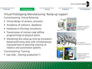 VP Aircraft VT in MarketingVP Manufacturing Training Production
21
Virtual Prototyping Manufacturing: Ramp-up support
Commissioning: Virtual Ramp-Up
 Virtual design of sensors, actuators
 Avoidance of collisions, deadlocks
 Hardware-in-the-loop simulations
 Transmission of control code (offline
programming) to physical plants
 Shortening the ramp-up time by simulation-
based preliminary tests with simultaneously
improved level of planning maturity of
robotics and automation systems
Commissioning: Training
 [see slide „Training production“]
Image: Fh-IPA
Image: RIF
3D-model of a
automated assembly line
Hardware-in-the-loop:
physical control vs.
virtual model
Image: ESI
Operating safety and
handling can be
inspected early due to
digital model
VP Manufacturing
 