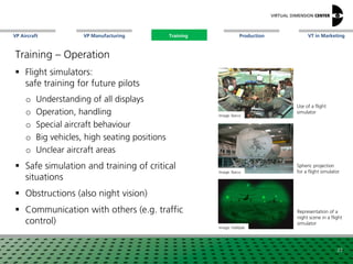 VP Aircraft VT in MarketingVP Manufacturing Training Production
Representation of a
night scene in a flight
simulator
Training – Operation
 Flight simulators:
safe training for future pilots
o Understanding of all displays
o Operation, handling
o Special aircraft behaviour
o Big vehicles, high seating positions
o Unclear aircraft areas
 Safe simulation and training of critical
situations
 Obstructions (also night vision)
 Communication with others (e.g. traffic
control)
Image: xxx
23
Image: Halldale
Use of a flight
simulator
Image: Barco
Image: Barco
Spheric projection
for a flight simulator
Training
 