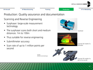 VP Aircraft VT in MarketingVP Manufacturing Training Production
Scanned 3D model of a
helicopter
Images:
Altran/CenterlineDesign
Scanned 3D model of a
part of an aircraft
Surphaser
Scanning and Reverse Engineering
 Surphaser: large-scale measurement
technology
 The surphaser scans both short and medium
distances: 1m to 130m
 Thus suitable for reverse engineering
 Submillimeter accuracy
 Scan rate of up to 1 million points per
second
34
Production
Production: Quality assurance and documentation
 