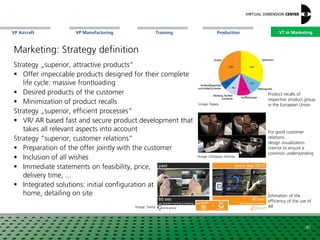 VP Aircraft VT in MarketingVP Manufacturing Training Production
Image: Ethiopian Airlines
For good customer
relations:
design visualization
interior to ensure a
common understanding
Estimation of the
efficiency of the use of
AR
Image: Rapex
Image: xxx
40
Image: Testia
Marketing: Strategy definition
Strategy „superior, attractive products“
 Offer impeccable products designed for their complete
life cycle: massive frontloading
 Desired products of the customer
 Minimization of product recalls
Strategy „superior, efficient processes“
 VR/ AR based fast and secure product development that
takes all relevant aspects into account
Strategy “superior, customer relations”
 Preparation of the offer jointly with the customer
 Inclusion of all wishes
 Immediate statements on feasibility, price,
delivery time, ...
 Integrated solutions: initial configuration at
home, detailing on site
Product recalls of
respective product group
in the European Union
VT in Marketing
 