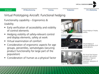 VP Aircraft VT in MarketingVP Manufacturing Training Production
ESIs Virtual Seat Solution:
evaluation seat comfort,
evaluation of legroom
and freedom of
movement, absorption of
vibrations
Virtual hedging of display
visibility
Virtual hedging of
manual reachability of all
control elements
Image: ESI
Image: ESI
Image: Optis
Virtual Prototyping Aircraft: Functional hedging
Functionality capability – Ergonomics &
Usability
 Early verification of accessibility and visibility
of control elements
 Hedging visibility of safety-relevant control
and display elements, safety at work
 Virtual examination of comfort
 Consideration of ergonomic aspects for age
groups, percentiles, somatotypes (securing
product functionality for large part of the
population)
 Consideration of human as a physical factor
9
VP Aircraft
 