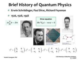 Brief'History'of'Quantum'Physics'
!   Erwin'Schrödinger,'Paul'Dirac,'Richard'Feynman'
!   1926,'1928,'1948''
CVSD%MeetUp%at%ValleyWorX,%Modesto,%
CA%%11/08/18%
Vesselin%Gueorguiev,%PhD% 9%
 