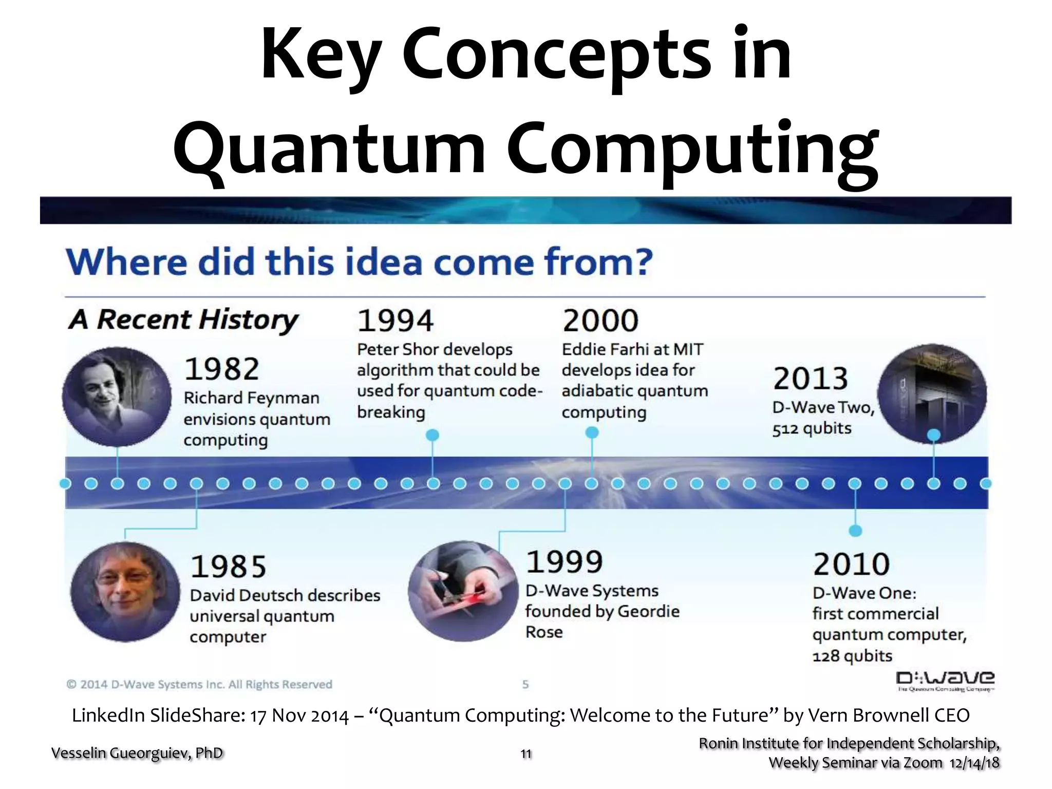 Key Concepts in
Quantum Computing
Ronin Institute for Independent Scholarship,
Weekly Seminar via Zoom 12/14/18
Vesselin Gueorguiev, PhD 11
LinkedIn SlideShare: 17 Nov 2014 – “Quantum Computing: Welcome to the Future” by Vern Brownell CEO
 