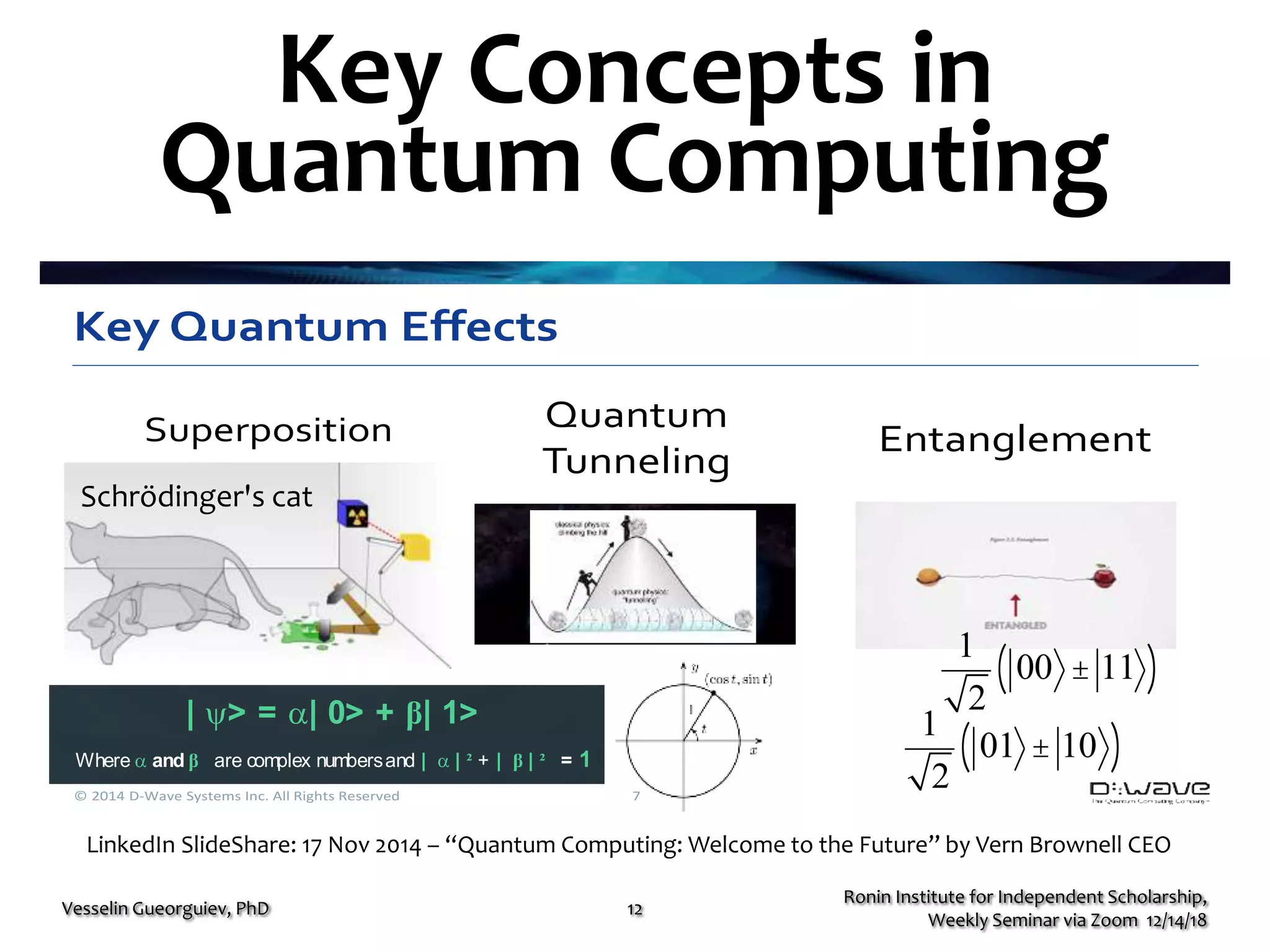 Key Concepts in
Quantum Computing
© 2014 D-Wave Systems Inc. All Rights Reserved 7
Quantum
Tunneling
Superposition Entanglement
Key Quantum Effects
Ronin Institute for Independent Scholarship,
Weekly Seminar via Zoom 12/14/18
Vesselin Gueorguiev, PhD 12
LinkedIn SlideShare: 17 Nov 2014 – “Quantum Computing: Welcome to the Future” by Vern Brownell CEO
Data Representation - Qubits
A bit of data is represented by a single atom that is in one of two states denoted
by |0> and |1>. A single bit of this form is known as a qubit.
A physical implementation of a qubit could use the two energy levels of an atom.
An excited state representing |1> and a ground state representing |0>.
A single qubit can be forced into a superpositionof the two states denoted
by the addition of the state vectors:
| > = | 0> + β| 1>
Where and β are complex numbersand | | ² + | β | ² = 1
Schrödinger's cat
1
2
01 ± 10( )
1
2
00 ± 11( )
 