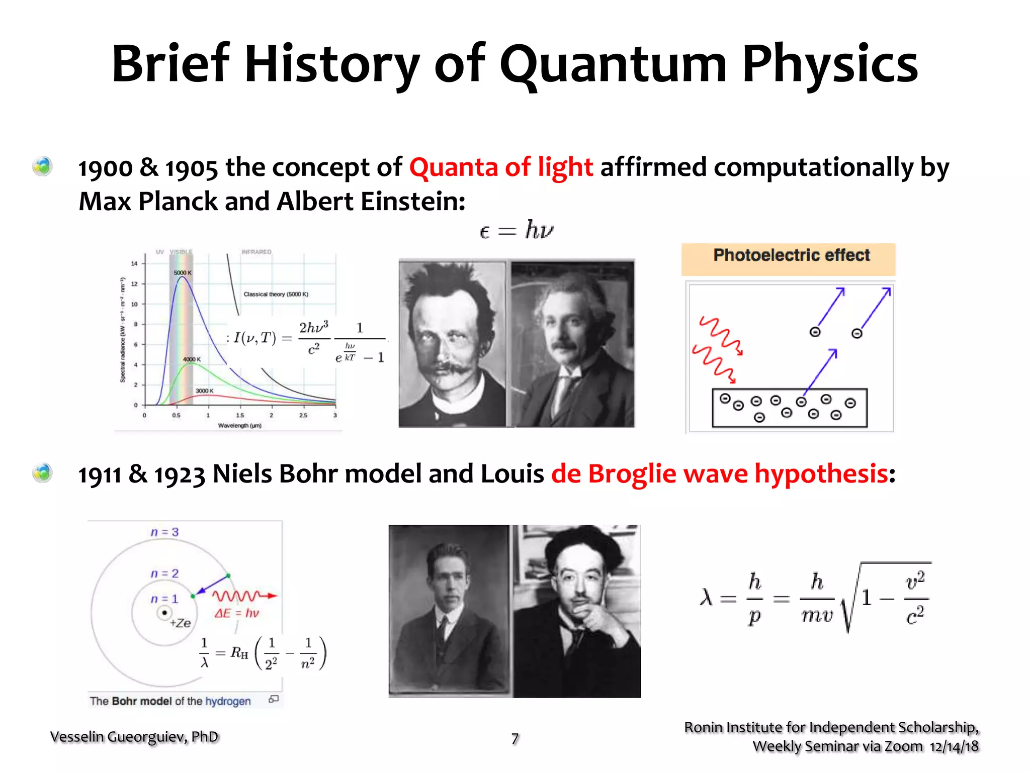 Brief History of Quantum Physics
1900 & 1905 the concept of Quanta of light affirmed computationally by
Max Planck and Albert Einstein:
1911 & 1923 Niels Bohr model and Louis de Broglie wave hypothesis:
Ronin Institute for Independent Scholarship,
Weekly Seminar via Zoom 12/14/18
Vesselin Gueorguiev, PhD 7
 