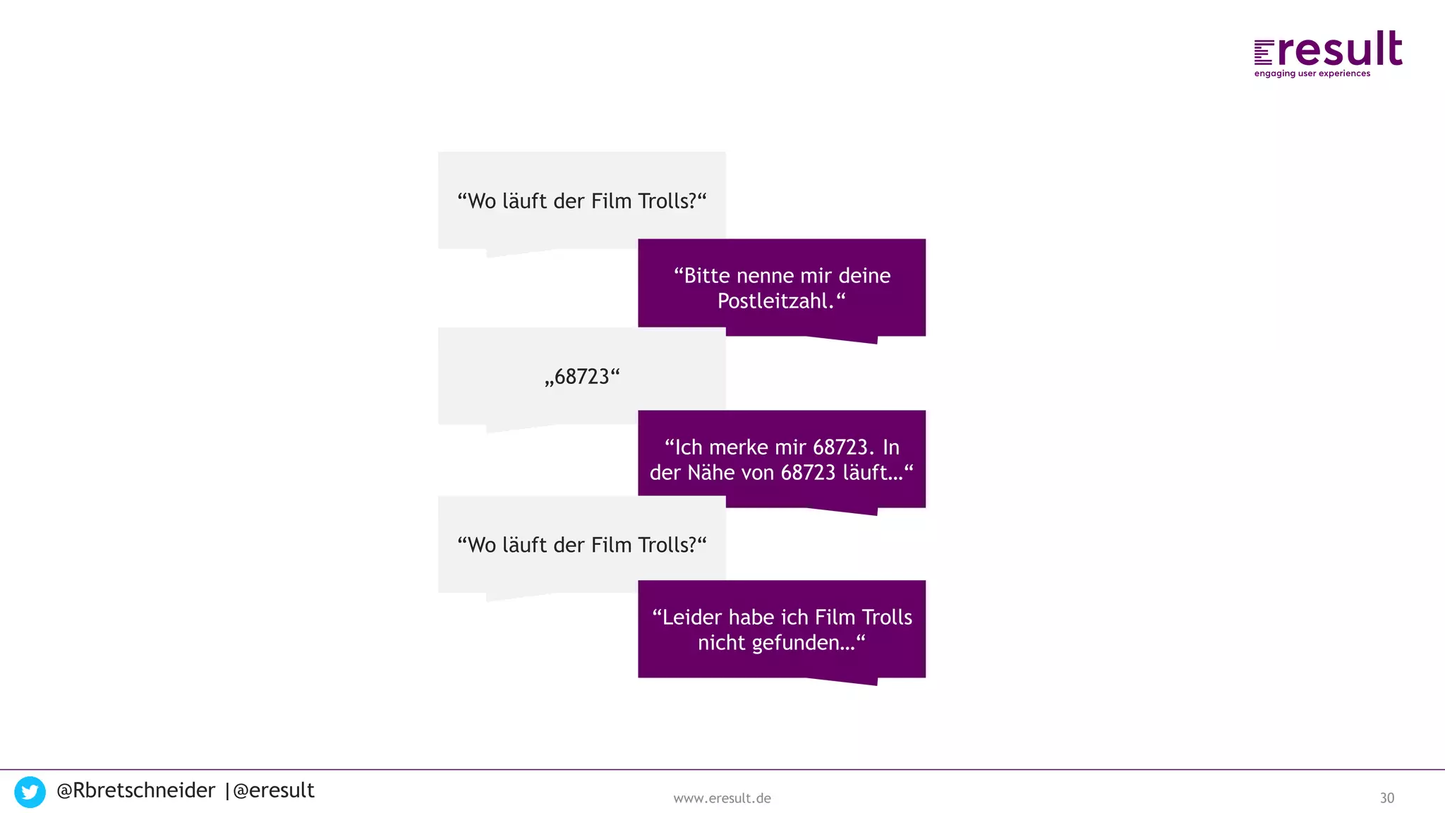 www.eresult.de
EMPFEHLUNGENNEGATIVE FINDINGS
@Rbretschneider |@eresult 30
“Wo läuft der Film Trolls?“
“Bitte nenne mir deine
Postleitzahl.“
„68723“
“Ich merke mir 68723. In
der Nähe von 68723 läuft…“
“Wo läuft der Film Trolls?“
“Leider habe ich Film Trolls
nicht gefunden…“
 