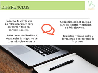 Expertise = união entre 2
jornalistas e assessoras de
imprensa.
DIFERENCIAIS
Resultados qualitativos =
estratégias inteligentes de
comunicação e eventos.
Conceito de excelência
no relacionamento com
os pares = foco na
parceria e metas.
Comunicação sob medida
para os clientes = modelos
de jobs flexíveis.
 