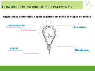 CONGRESSOS, WORKSHOPS E PALESTRAS
Logística
Divulgação
Coordenação
RSVP
Organização estratégica e apoio logístico em todas as etapas do evento.
 