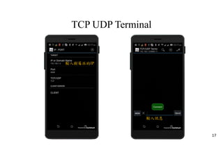 TCP UDP Terminal
輸入樹莓派的IP
輸入訊息
17
 