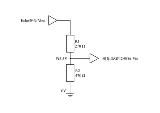 Echo腳位 Vout
樹莓派GPIO腳位 Vin
R1
270 Ω
R2
470 Ω
約3.3V
0V
 
