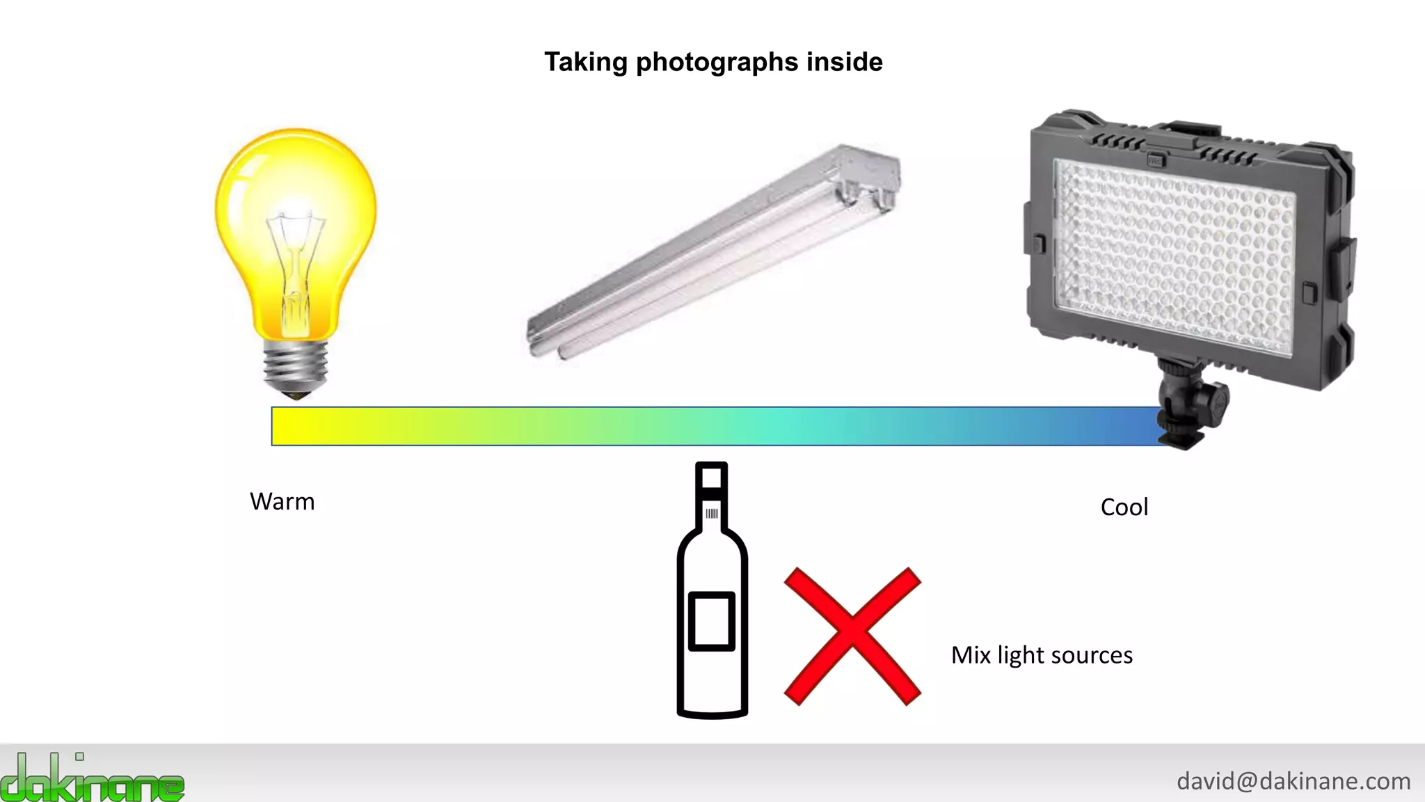 david@dakinane.com
Taking photographs inside
Warm Cool
Mix light sources
 