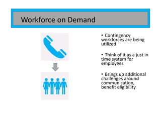 • Contingency
workforces are being
utilized
• Think of it as a just in
time system for
employees
• Brings up additional
challenges around
communication,
benefit eligibility
Workforce on Demand
 