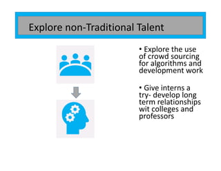 • Explore the use
of crowd sourcing
for algorithms and
development work
• Give interns a
try- develop long
term relationships
wit colleges and
professors
Explore non-Traditional Talent
 