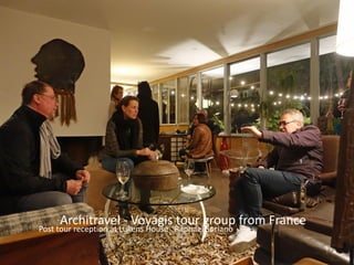 1 Arrival
2
Isla Santa Cruz
and
5 Punta Moreno
6 Bahia Elizabeth
Isla Isabela
7 Punta
Isla Fernandina
8 Tagus Cove
Buccaneer Cove
10
Isla Santiago
Isla Cristobal
11 Isla Lobos
12 Departure
San Cristobal Airport
Espinoza
4 - 9 January 2018
Architravel - Voyagis tour group from France
Post tour reception at Lukens House Raphael Soriano
 