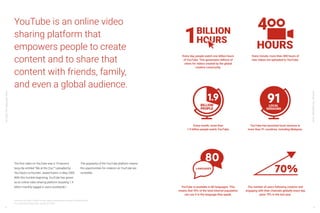 YouTube:TheMalaysianStory
YouTube:TheMalaysianStory
8 9
The first video on YouTube was a 19-second-
long clip entitled “Me at the Zoo,”4
uploaded by
YouTube’s co-founder, Jawed Karim, in May 2005.
With this humble beginning, YouTube has grown
as an online video-sharing platform boasting 1.9
billion monthly logged in users worldwide.5
The popularity of the YouTube platform means
the opportunities for creators on YouTube are
incredible.
4 Me at the Zoo (April 23 2005) YouTube <https://www.youtube.com/watch?v=jNQXAC9IVRw>.
5 YouTube Internal Data, Global, January 2017-2018
YouTube is an online video
sharing platform that
empowers people to create
content and to share that
content with friends, family,
and even a global audience.
YouTube has launched local versions in
more than 91 countries, including Malaysia.
Every month, more than
1.9 billion people watch YouTube.
YouTube is available in 80 languages. This
means that 95% of the total Internet population
can use it in the language they speak.
The number of users following creators and
engaging with their channels globally every day
grew 70% in the last year.
Every minute, more than 400 hours of
new videos are uploaded to YouTube.
Every day, people watch one billion hours
of YouTube. This genereates billions of
views for videos created by the global
creative community.
80
91LOCAL
VERSIONS
BILLION
PEOPLE
1.9
70%
 
