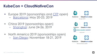 Cloud Native Computing Foundation26
KubeCon + CloudNativeCon
• Europe 2019 (sponsorships and CFP open)
– Barcelona: May 20-23, 2019
• China 2019 (sponsorships open)
– Shanghai: June 24-26, 2019
• North America 2019 (sponsorships open)
– San Diego: November 18-21, 2019
 